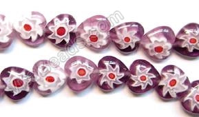 Glass Beads  -  Puff Heart - Purple Flower  16"