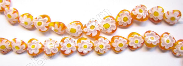 Glass Beads  -  Puff Heart - Orange Yellow Flower  16"