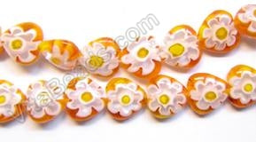 Glass Beads  -  Puff Heart - Orange Yellow Flower  16"