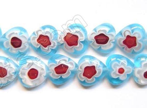 Glass Beads  -  Puff Heart - Aqua Flower  16"