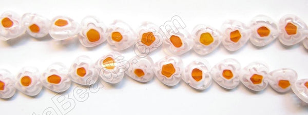 Glass Beads  -  Puff Heart - Clear w/ Orange Flower  16"