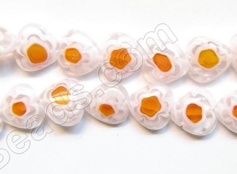 Glass Beads  -  Puff Heart - Clear w/ Orange Flower  16"