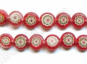 Glass Beads  -  Puff Coin - Red w/ Green Flower   16"