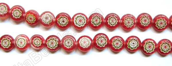 Glass Beads  -  Puff Coin - Red w/ Green Flower   16"