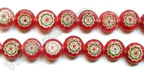 Glass Beads  -  Puff Coin - Red w/ Green Flower   16"