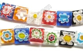Glass Beads  -  Puff Square - Flower Mixed  16"