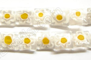 Glass Beads  -  Puff Square - White / Orange Yellow  16"