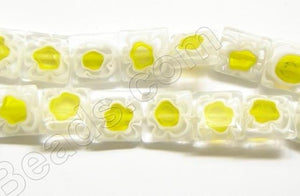 Glass Beads  -  Puff Square - White / Lemon Yellow  16"
