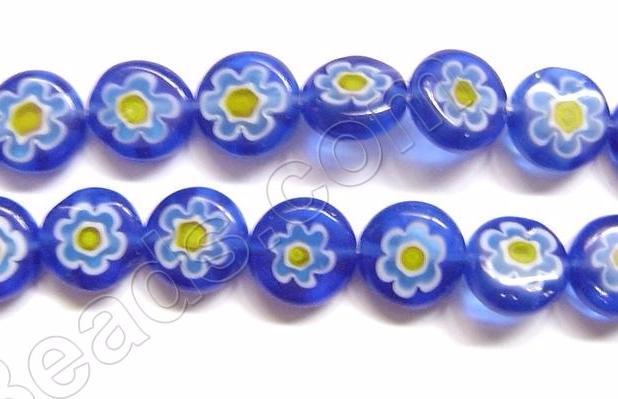 Glass Beads  -  Puff Coin - Blue Flower   16"