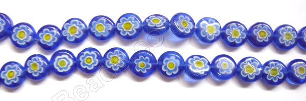 Glass Beads  -  Puff Coin - Blue Flower   16"