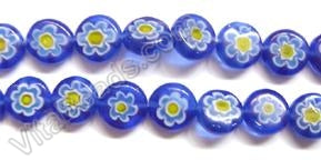Glass Beads  -  Puff Coin - Blue Flower   16"