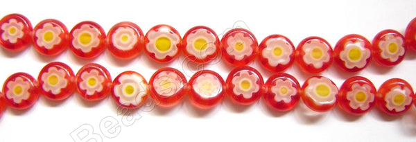 Glass Beads  -  Puff Coin - Red w/ Yellow Flower   16"