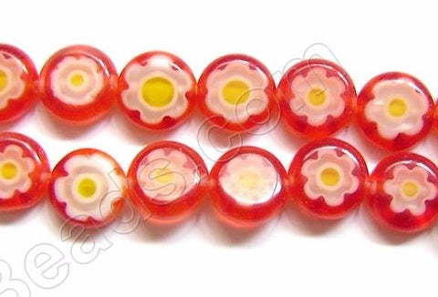 Glass Beads  -  Puff Coin - Red w/ Yellow Flower   16"