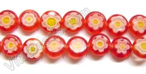 Glass Beads  -  Puff Coin - Red w/ Yellow Flower   16"