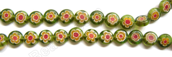 Glass Beads  -  Puff Coin - Olive Green w/ Red Flower   16"