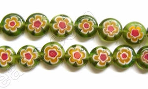 Glass Beads  -  Puff Coin - Olive Green w/ Red Flower   16"