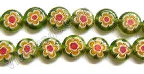 Glass Beads  -  Puff Coin - Olive Green w/ Red Flower   16"