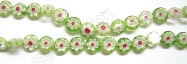 Glass Beads  -  Puff Coin - Light Green w/ Red Flower   16"