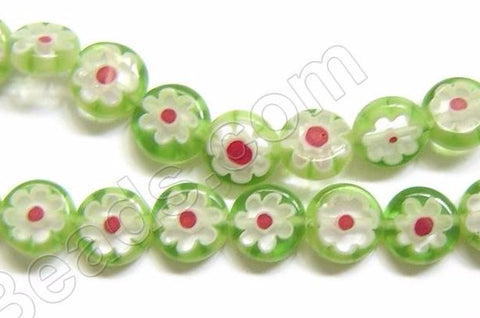 Glass Beads  -  Puff Coin - Light Green w/ Red Flower   16"
