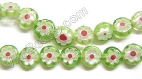 Glass Beads  -  Puff Coin - Light Green w/ Red Flower   16"