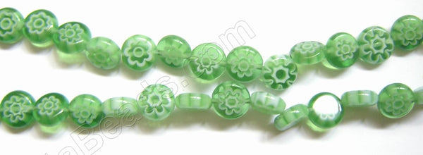 Glass Beads  -  Puff Coin - Light Green Flower   16"