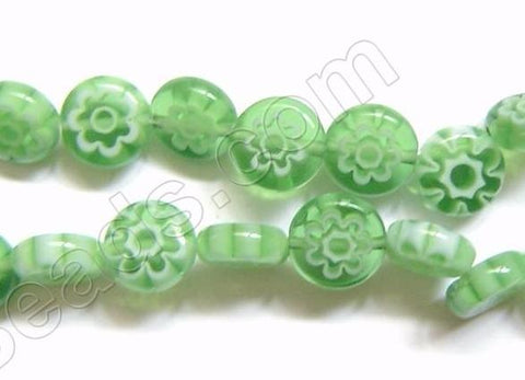 Glass Beads  -  Puff Coin - Light Green Flower   16"