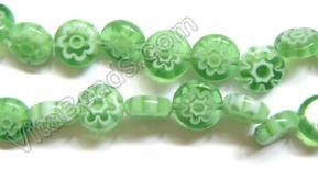 Glass Beads  -  Puff Coin - Light Green Flower   16"