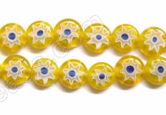 Glass Beads  -  Puff Coin - Yellow  Flower   16"