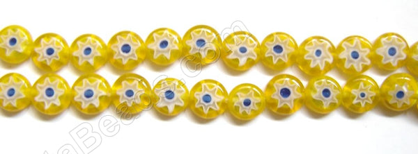 Glass Beads  -  Puff Coin - Yellow  Flower   16"