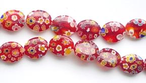 Glass Beads  -  Puff Oval - Red  16"