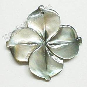 Carved Shell Pendant - Dark Grey 4 petals Flower