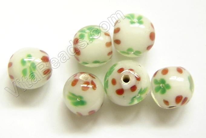 Lamp Work Glass Beads - Flower bdgl 240 - 1 White w/ Red Flowers