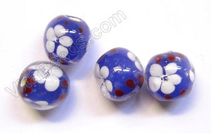 Lamp Work Glass Beads - Flower bdgl 240 - 3 Royal Blue w/ White Flowers