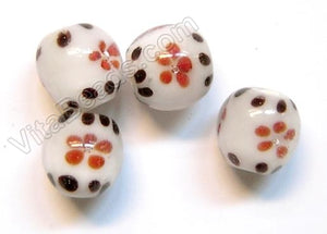 Lamp Work Glass Beads - Flower bdgl 240 - 4 White w/ Red Flowers