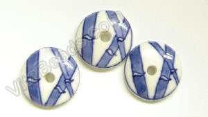 Porcelain Beads - Blue &. White   22.5 mm Coin, Button w/ Bamboo Design