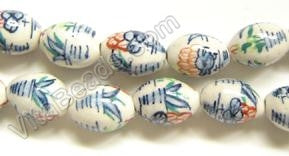 Porcelain Beads - White Blue w/ Lotus 13x18mm Oval