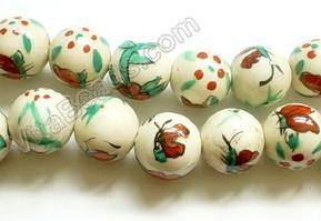 Porcelain Beads - White w/ Red butterfly   12 mm Round Beads