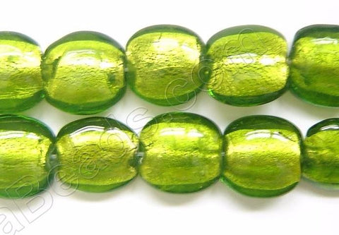 Silver Foil Glass Beads   16" Puff Coin - Lime Green