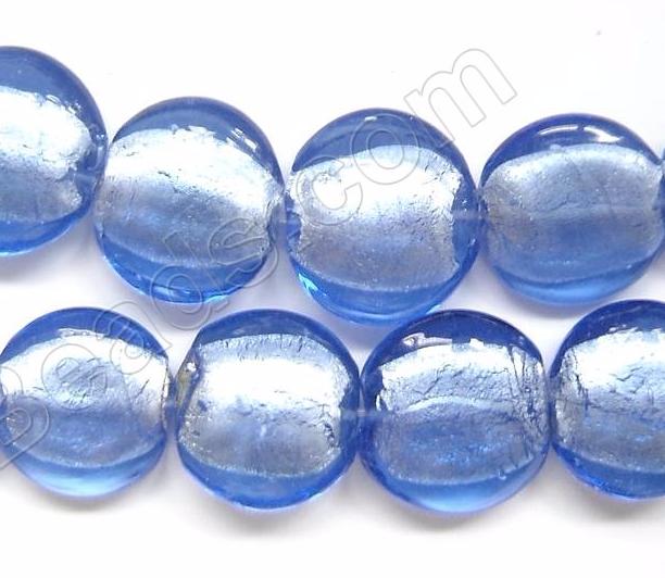 Silver Foil Glass Beads   16" Puff Coin - Royal Blue