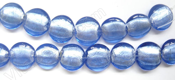 Silver Foil Glass Beads   16" Puff Coin - Royal Blue