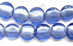 Silver Foil Glass Beads   16" Puff Coin - Royal Blue