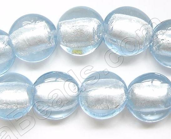 Silver Foil Glass Beads   16" Puff Coin - Light Sky Blue