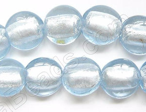 Silver Foil Glass Beads   16" Puff Coin - Light Royal Blue