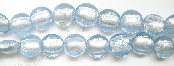Silver Foil Glass Beads   16" Puff Coin - Light Sky Blue