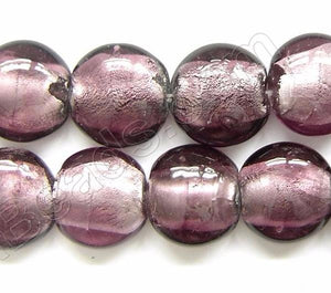 Silver Foil Glass Beads   16" Puff Coin - Fluorite Red