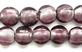 Silver Foil Glass Beads   16" Puff Coin - Fluorite Red