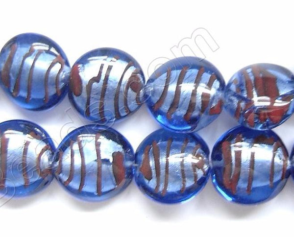 Silver Foil Glass Beads   16" Puff Coin - Royal Blue w/ Stripes