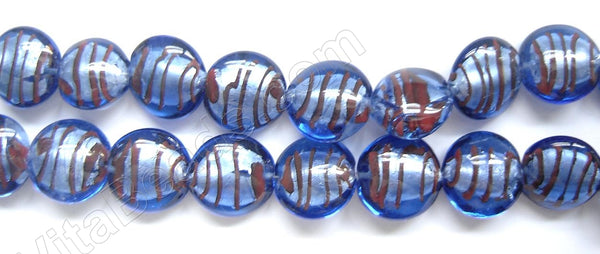 Silver Foil Glass Beads   16" Puff Coin - Royal Blue w/ Stripes