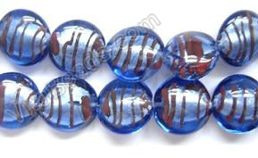 Silver Foil Glass Beads   16" Puff Coin - Royal Blue w/ Stripes