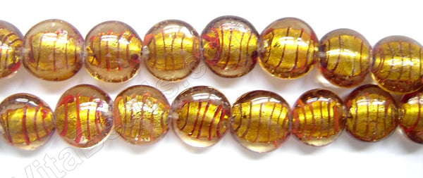 Silver Foil Glass Beads   16" Puff Coin - Gold w/ Stripes